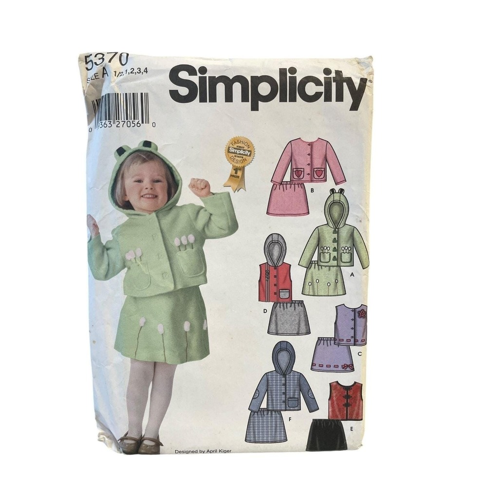 Simplicity 5370 Toddlers' Jacket Vest Skirt Sizes 1/2 1 2 3 4 Frog Hood Applique